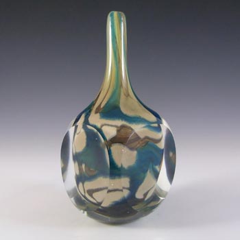 SIGNED Mdina 'Tiger' Blue + Brown Glass Faceted Cube Vase
