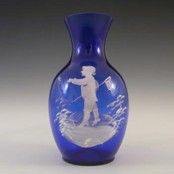 Mary Gregory Bohemian Hand Enamelled Blue Glass Vase