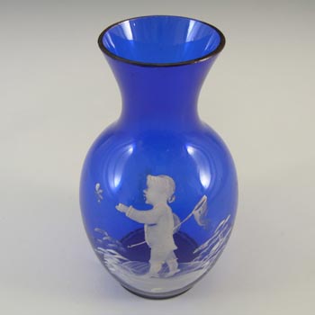 Mary Gregory Bohemian Hand Enamelled Blue Glass Vase