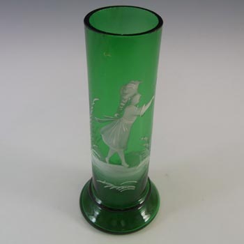 Mary Gregory Bohemian Hand Enamelled Green Glass Vase