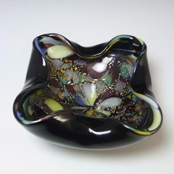 Murano Vintage Silver Leaf & Coloured Murrines Black Glass Bowl