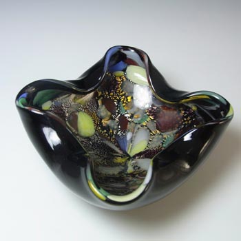 Murano Vintage Silver Leaf & Coloured Murrines Black Glass Bowl