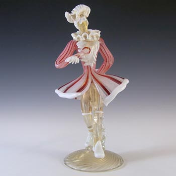 Murano Zanfirico Red & White Glass Gold Leaf Courtier/Dancer Figurine