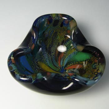 Murano 1950's Silver Leaf & Coloured Murrines Black Glass Bowl