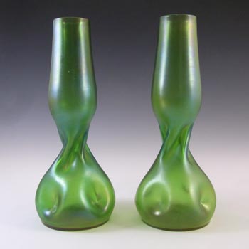 Welz Pair of Art Nouveau Iridescent Green Glass Antique Vases