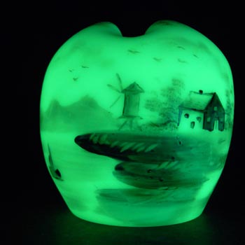 Victorian Hand Painted/Enamelled Uranium Green Glass Rose Bowl/Vase