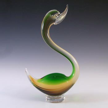 (image for) Murano Vintage Green & Amber Venetian Glass Swan Sculpture