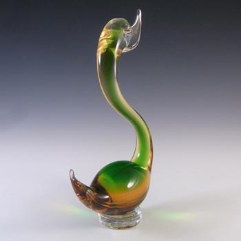 Murano Vintage Green & Amber Venetian Glass Swan Sculpture