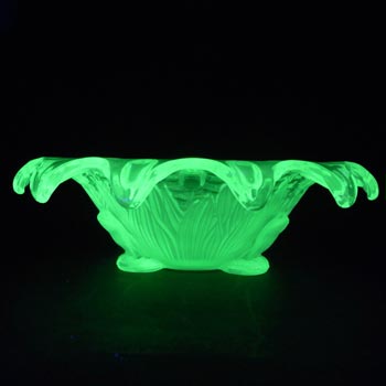 Sowerby Art Deco Uranium Green Glass 'Frog + Bullrush' Bowl