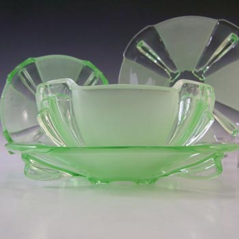 Stölzle 2 x Vintage Czech Art Deco Green Glass Bowl & Plate Set