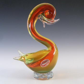 Murano Red, Amber & Uranium Green Sommerso Glass Swan Figurine