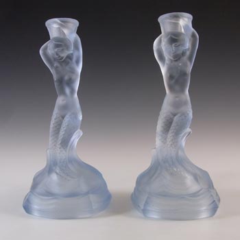 Walther & Söhne Art Deco Blue Glass 'Nymphen' Mermaid Candlesticks