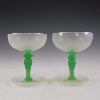 Stevens & Williams Pair of Alabaster Green Glass Champagne Glasses
