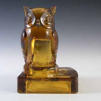RARE Bagley Art Deco Amber Glass Owl Bookend / Book End