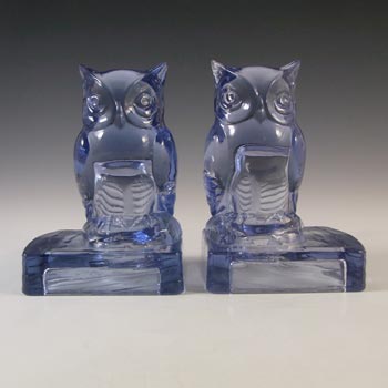 Bagley Art Deco Blue Glass Owl Bookends / Book Ends