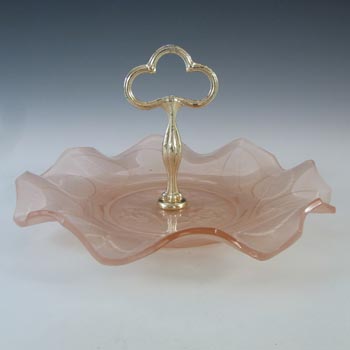 Bagley Art Deco Frosted Pink Glass 'Rose Leaf' Cake Stand