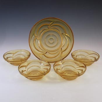 RARE Bagley Art Deco Amber Glass 'Osprey' Fruit Bowl Set #3153