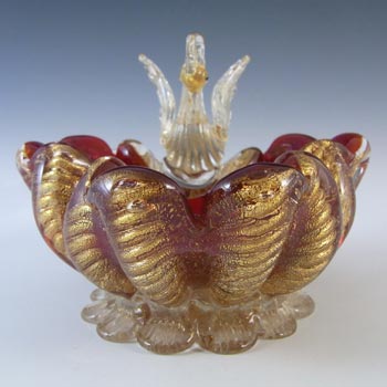Barovier & Toso Murano Cordonato Oro Gold Leaf Glass Swan Bowl