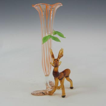 Bimini or Lauscha Orange & Brown Lampworked Glass Deer Vase