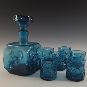 Empoli Italian Blue Glass Dice Decanter / Bottle & Glasses Set