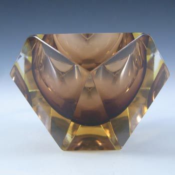 Murano Faceted Brown & Amber Sommerso Glass Vintage Block Bowl