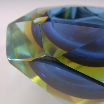 Murano Faceted Blue & Amber Sommerso Glass Vintage Block Bowl