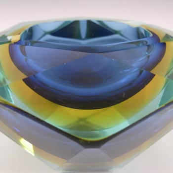 Murano Faceted Blue & Amber Sommerso Glass Vintage Block Bowl