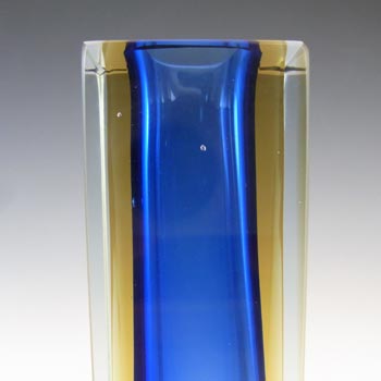 Murano Faceted Blue & Amber Sommerso Glass Vintage Block Vase