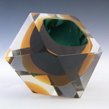 Murano Faceted Dark Green & Amber Sommerso Glass Block Bowl