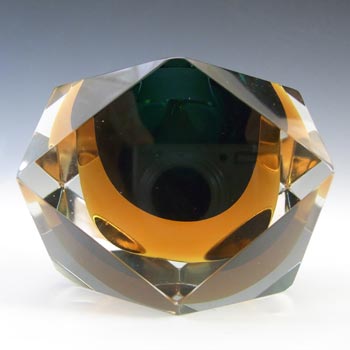Murano Faceted Dark Green & Amber Sommerso Glass Block Bowl