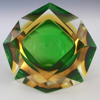 Murano Faceted Green & Amber Sommerso Glass Vintage Block Bowl
