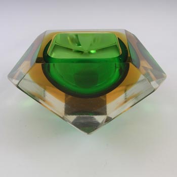 Murano Faceted Green & Amber Sommerso Glass Vintage Block Bowl
