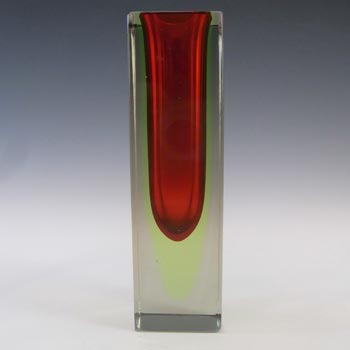 Murano Faceted Red & Uranium Green Sommerso Glass Block Vase