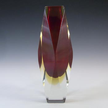 Murano Faceted Red & Amber Sommerso Glass 8 Inch Block Vase