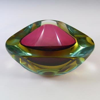 Murano Pink & Amber Sommerso Faceted Cased Glass Geode Bowl