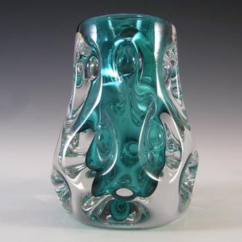 MARKED Liskeard Vintage Green Glass "Knobbly" Vase by Jim Dyer