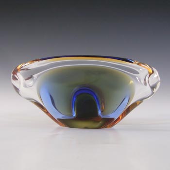 Chřibská Vintage Czech Amber & Blue Glass Ashtray Bowl