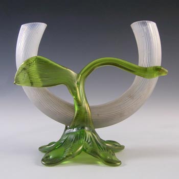 Kralik Art Nouveau Iridescent Glass Applied Leaf Twin Stem Vase