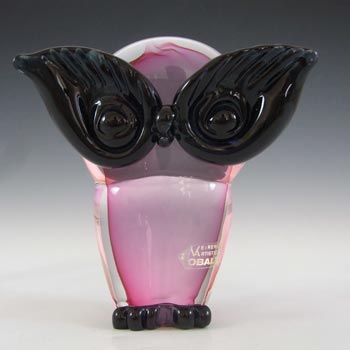 SIGNED Oball Murano Pink & Black Sommerso Glass Owl Figurine