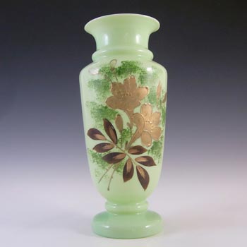 Victorian Hand Painted / Enamelled Opaque Green Glass Vase