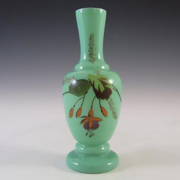 Victorian Hand Painted / Enamelled Opal Green Glass Vase