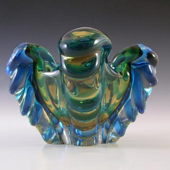 Japanese Amber & Blue Glass Organic Vintage Sculpture Bowl