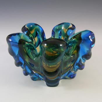 Japanese Amber & Blue Glass Organic Ribbed Sculpture Bowl