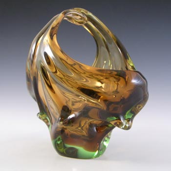 Skrdlovice #6448 Czech Amber & Green Glass Bowl by Jan Beránek