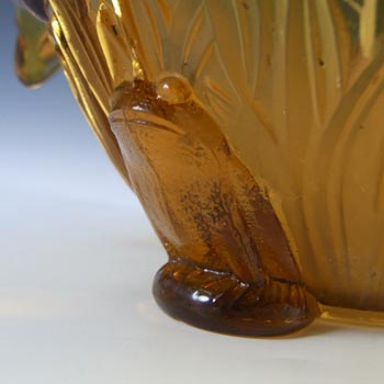 Sowerby Art Deco 1930s Amber Glass Frog + Bullrush Bowl