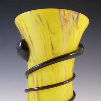 Czech / Bohemian Yellow Glass Vase w Black Trailing