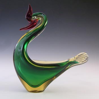 Murano Green, Amber & Red Sommerso Glass Swan Sculpture