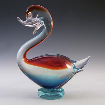 Murano Vintage Red & Blue Venetian Glass Swan Sculpture