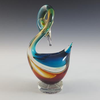 Murano Vintage Amber & Blue Venetian Glass Swan Sculpture