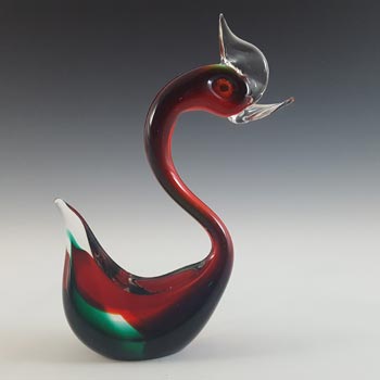 Murano Vintage Green & Red Sommerso Glass Swan Sculpture